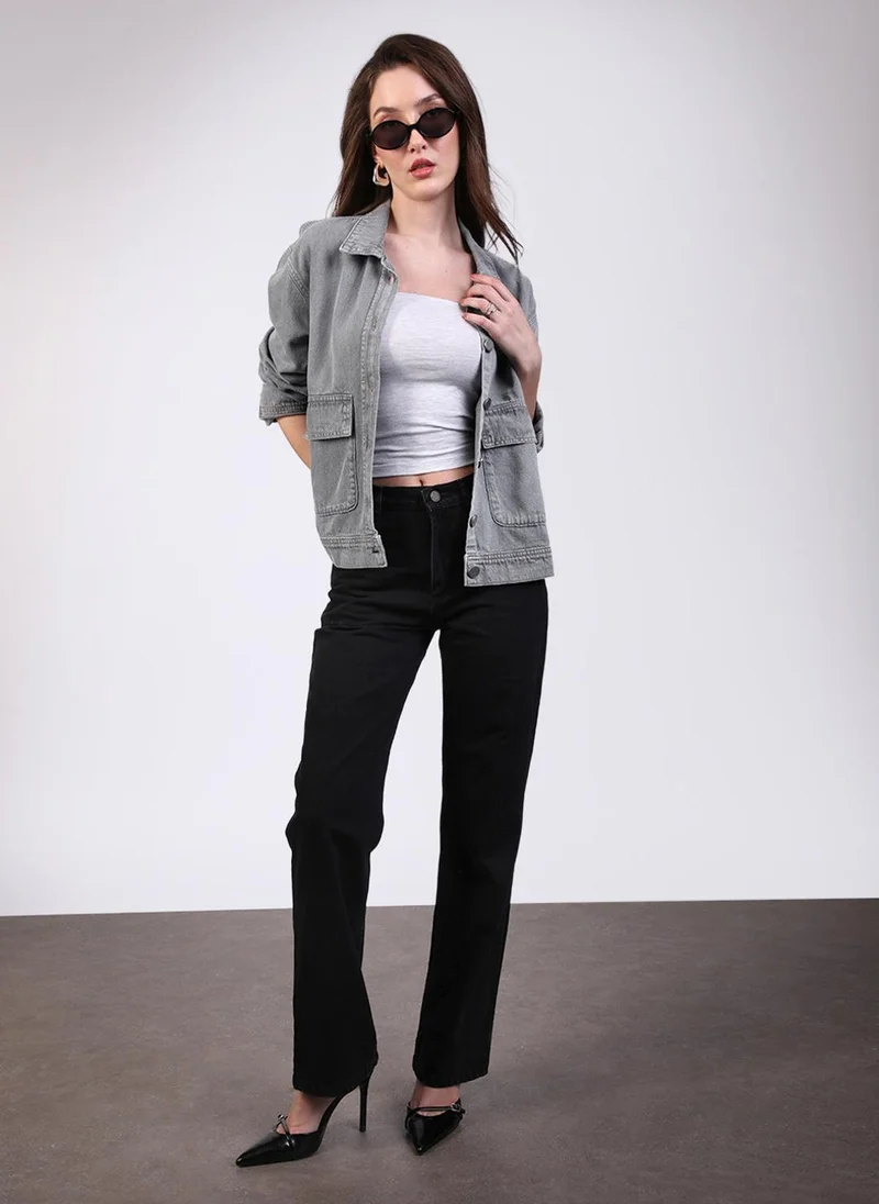 Urbano Fashion  Urbano Fashion Women's Ice Grey Relaxed Fit Full Sleeve Utility Denim Jacket for Women | Best Price UAE
